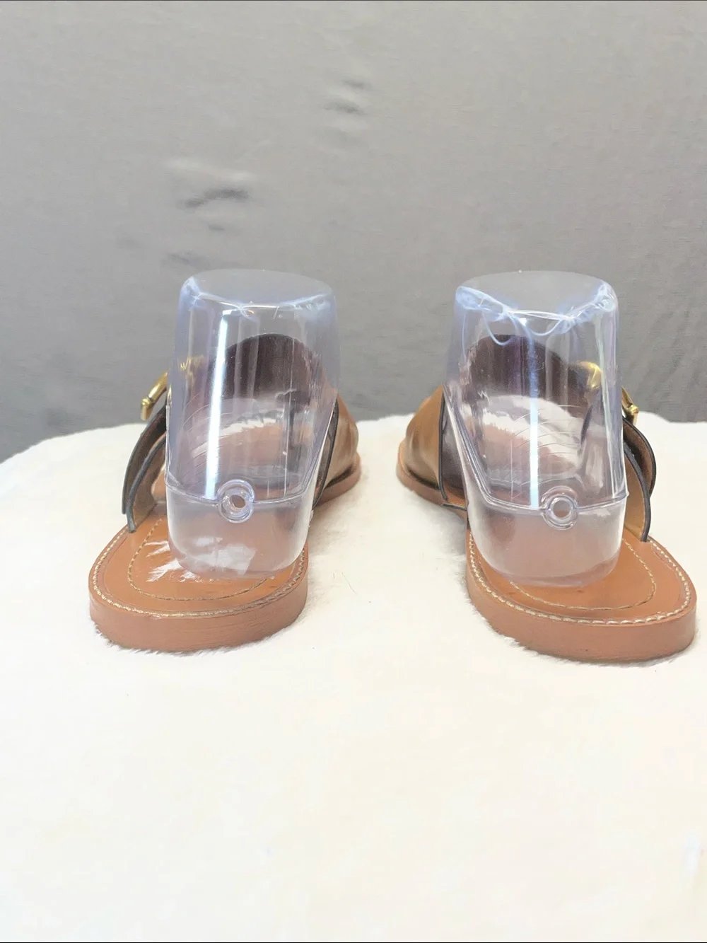 Coach Tan Leather Slide Sandals with Brass Ring Buckle